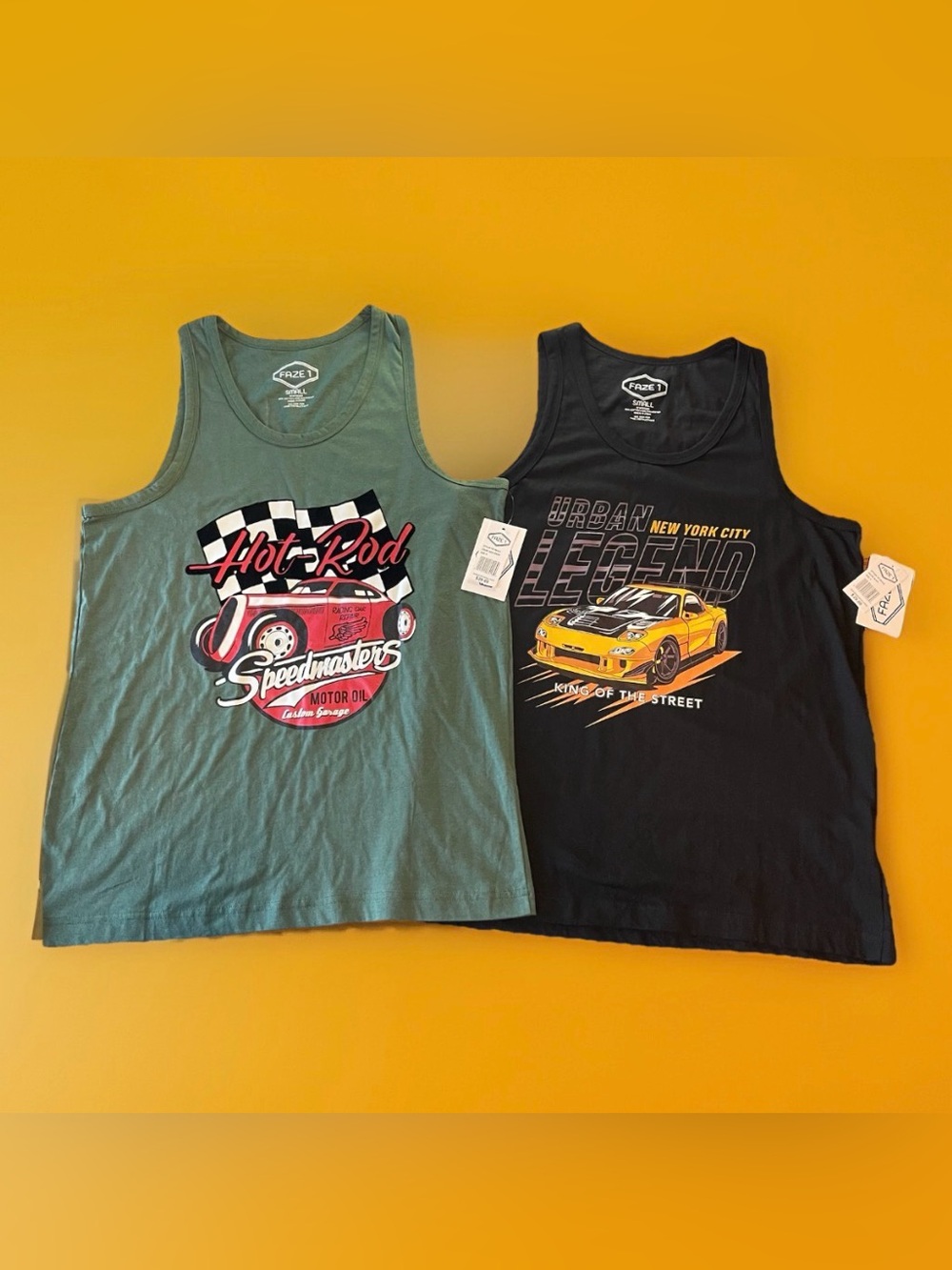 Lot of 2 Faze 1 Men's Tank Tops NWT Small S Duck Green Black Car Graphic Racing